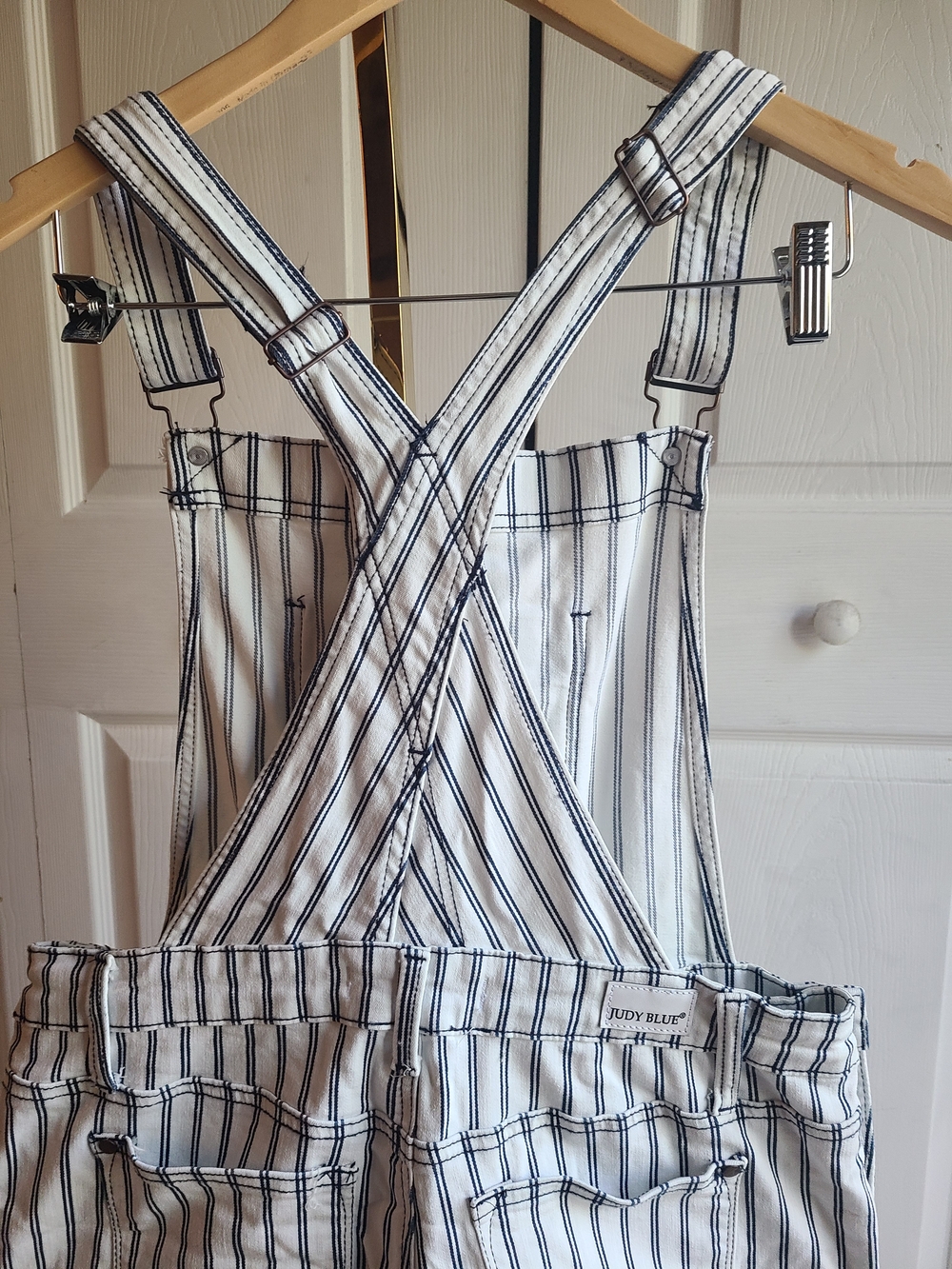 Judy Blue Striped Cotton Jumpsuit Overalls - White with Navy Pinstripes L - Picture 7 of 9